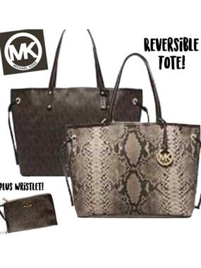 Michael Kors MK Python Snakeskin Reversible Monogram Brown Tote Bag Wristlet Set